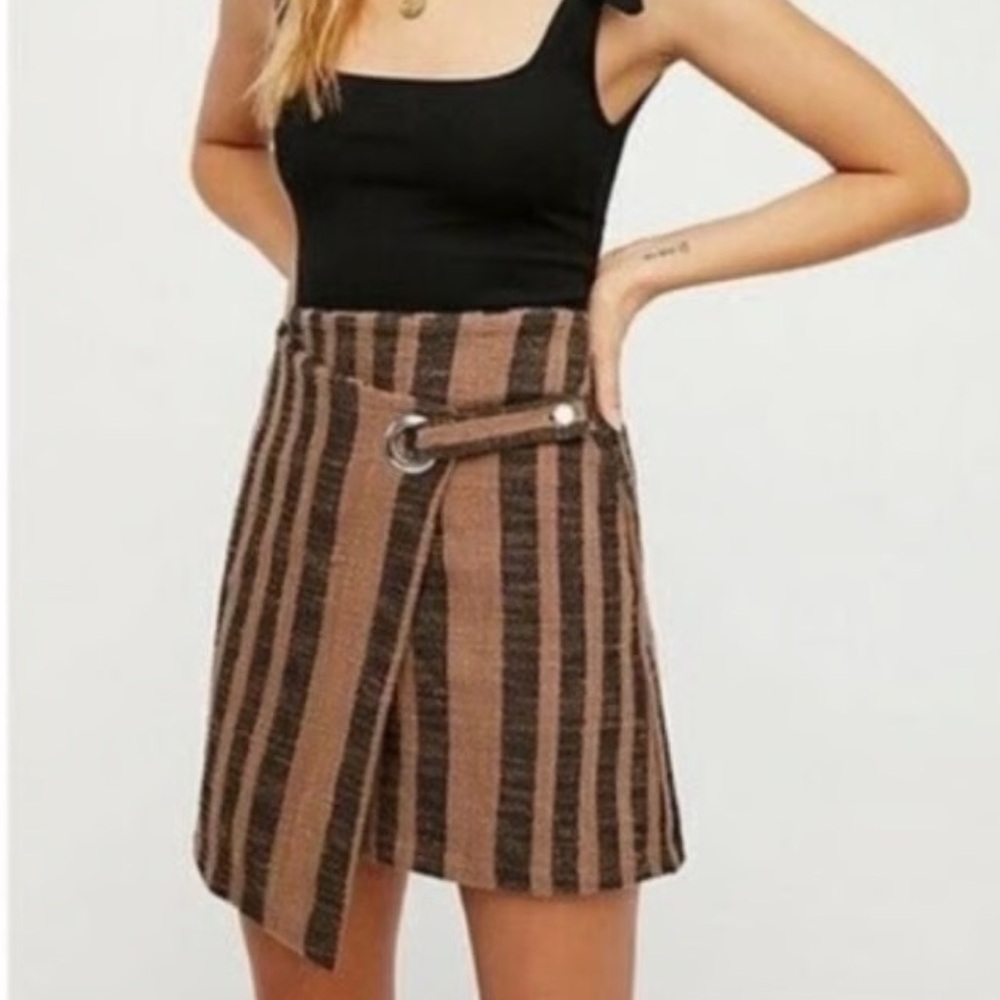 Free People It's A Wrap Striped Back Brown Small Asymmetrical Mini Skirt